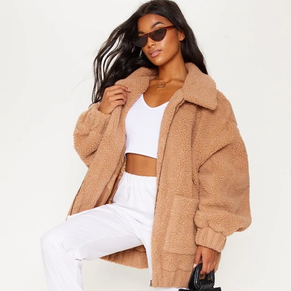 Nwt Camel Borg Pocket Front Teddy Coat 